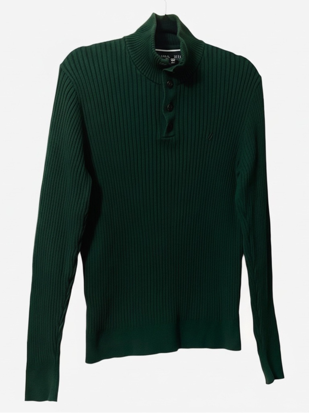 Nautica 100% Cotton Jungle Green Quarter Zip & Button Closure Ribbed Sweater M